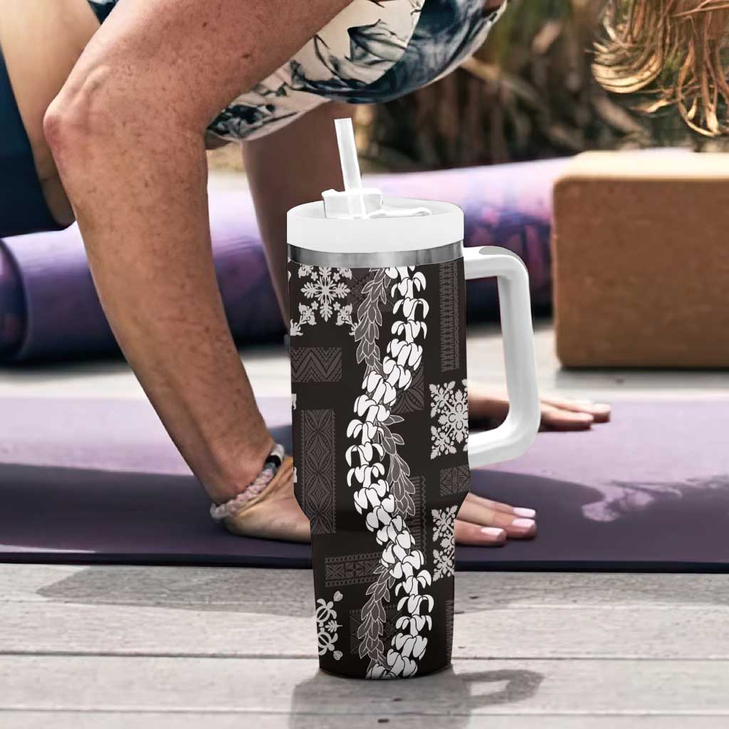 Hawaii Puakenikeni and Maile Lei Tumbler With Handle Black Japanese Wave Style - Polynesian Pride