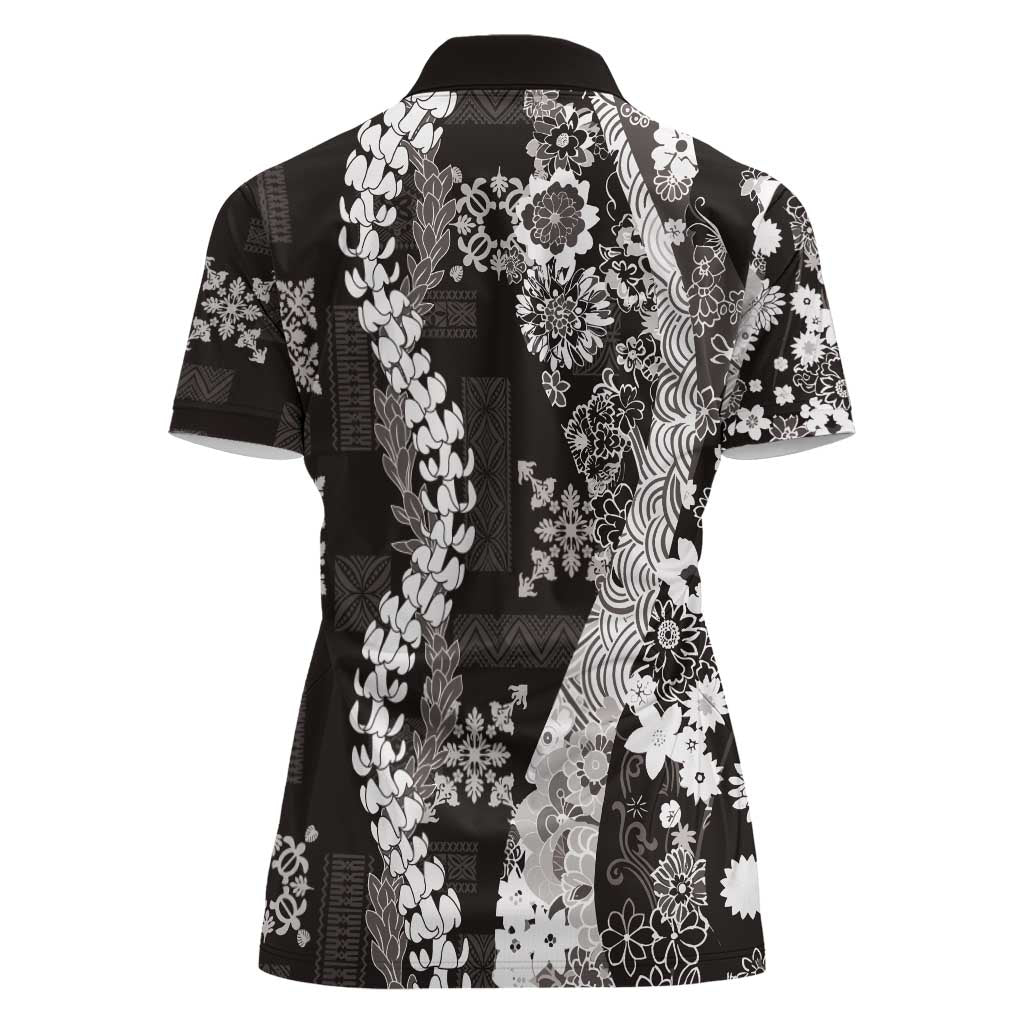 Hawaii Puakenikeni and Maile Lei Women Polo Shirt Black Japanese Wave Style - Polynesian Pride