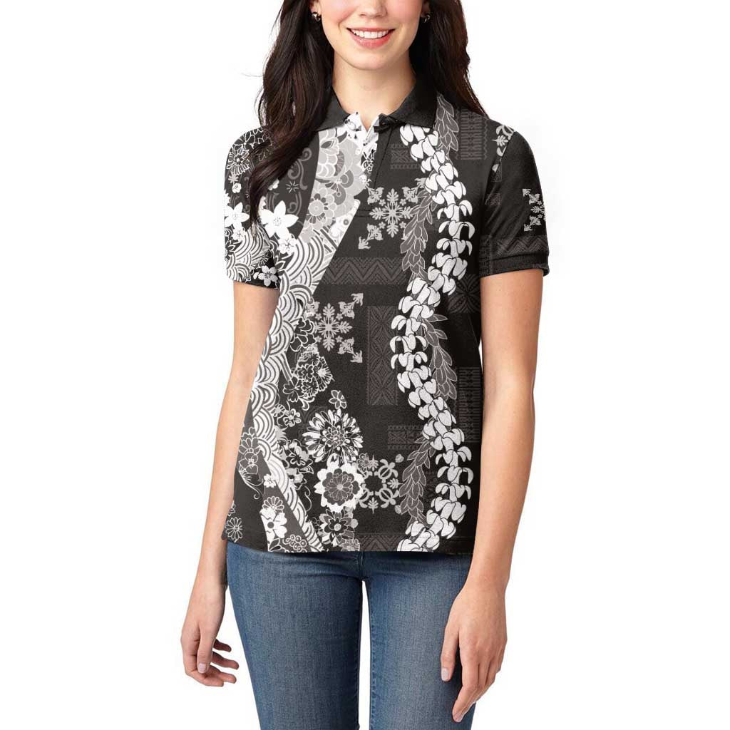 Hawaii Puakenikeni and Maile Lei Women Polo Shirt Black Japanese Wave Style - Polynesian Pride