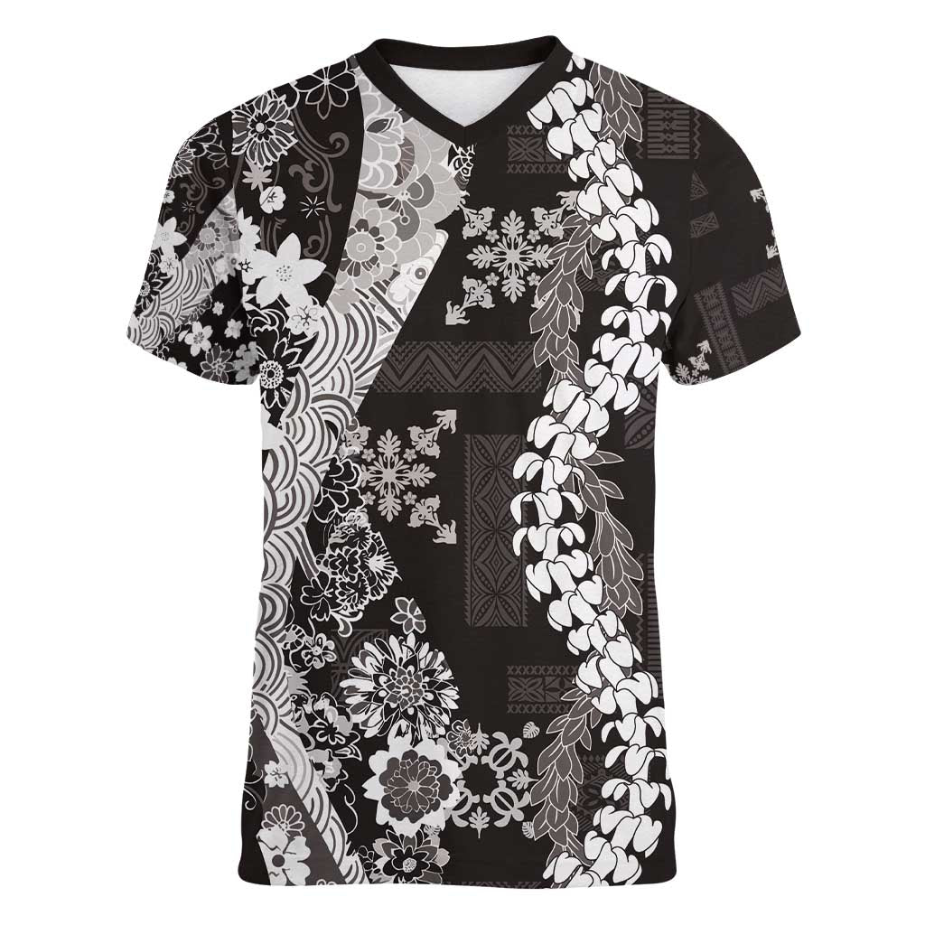 Hawaii Puakenikeni and Maile Lei Women V-Neck T-Shirt Black Japanese Wave Style - Polynesian Pride