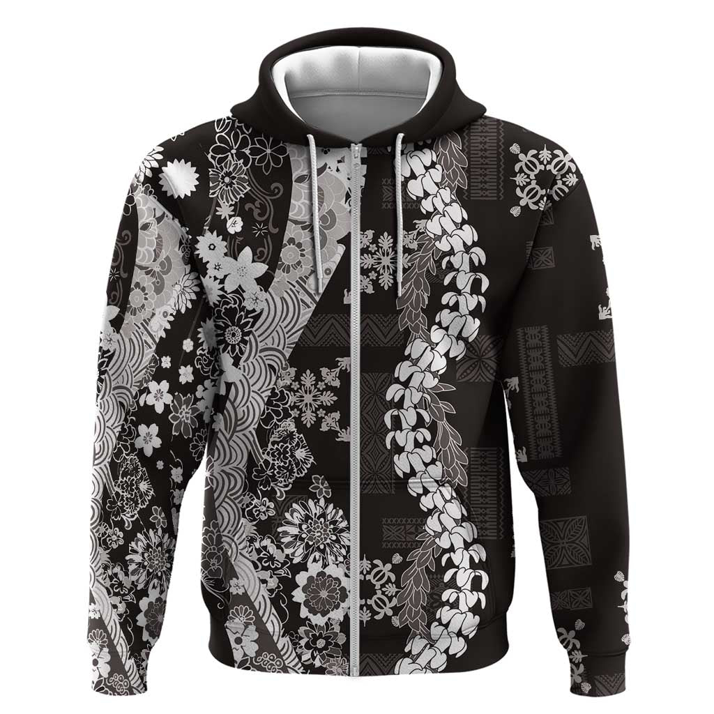 Hawaii Puakenikeni and Maile Lei Zip Hoodie Black Japanese Wave Style - Polynesian Pride
