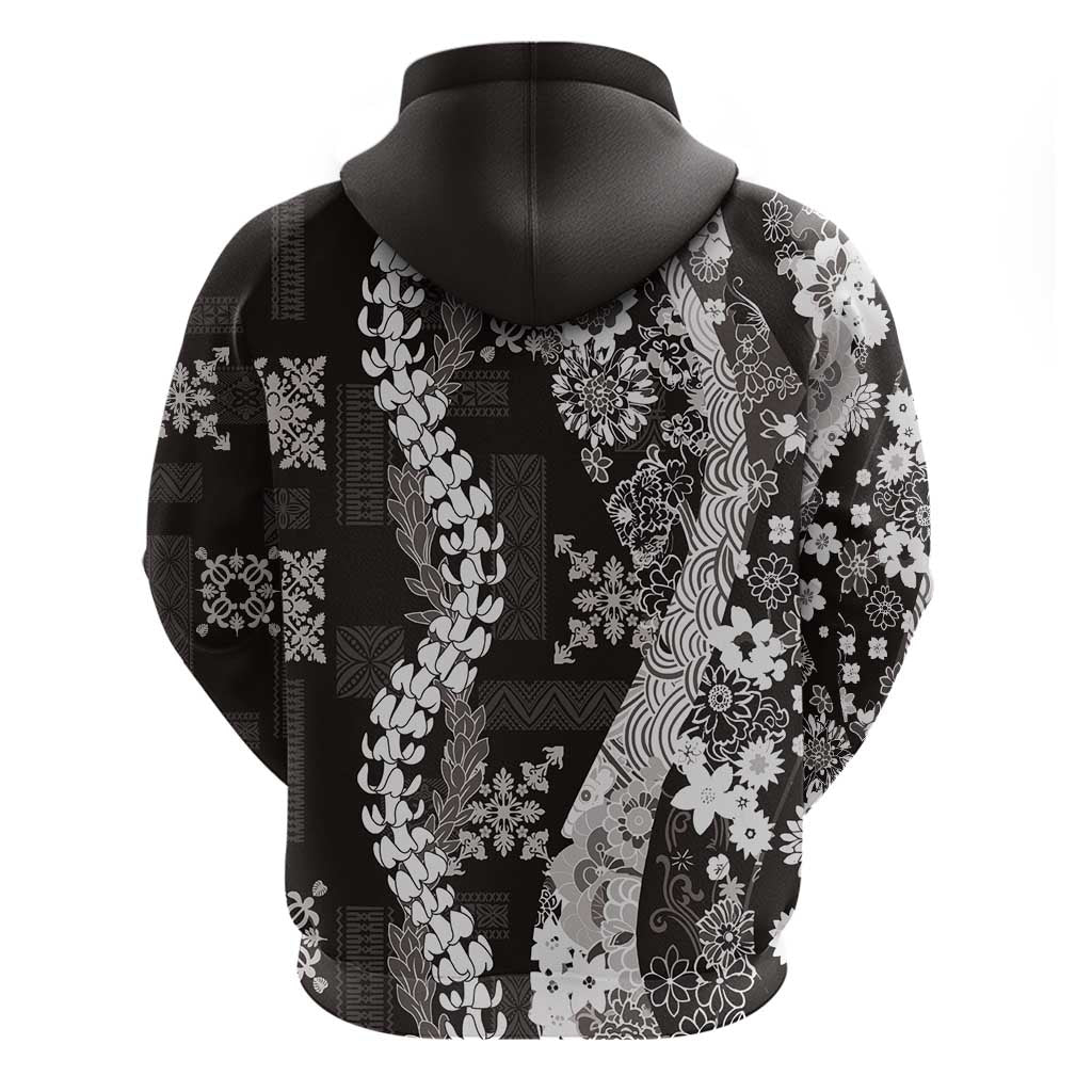 Hawaii Puakenikeni and Maile Lei Zip Hoodie Black Japanese Wave Style - Polynesian Pride
