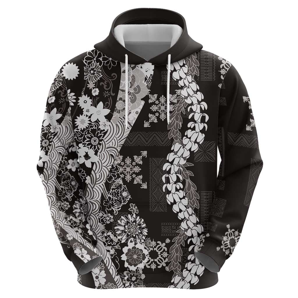 Hawaii Puakenikeni and Maile Lei Zip Hoodie Black Japanese Wave Style - Polynesian Pride