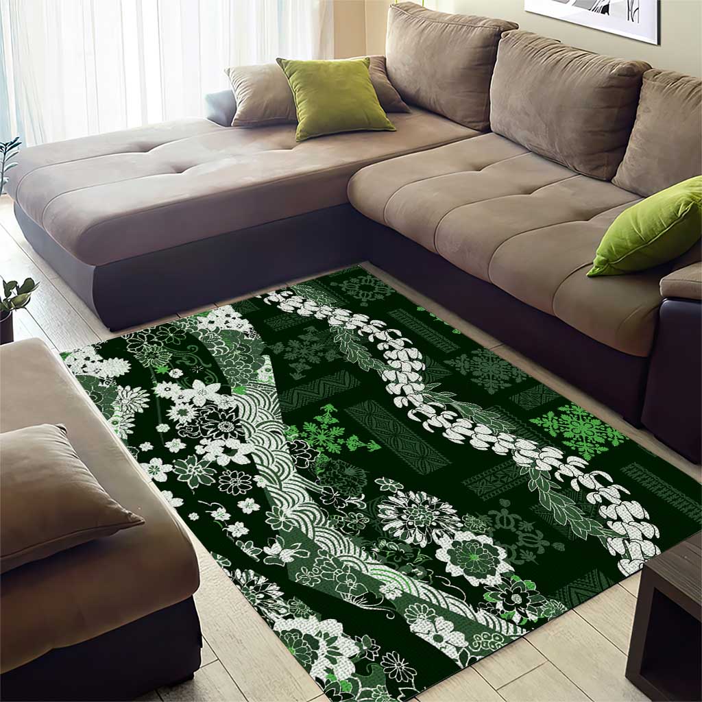 Hawaii Puakenikeni and Maile Lei Area Rug Green Japanese Wave Style - Polynesian Pride
