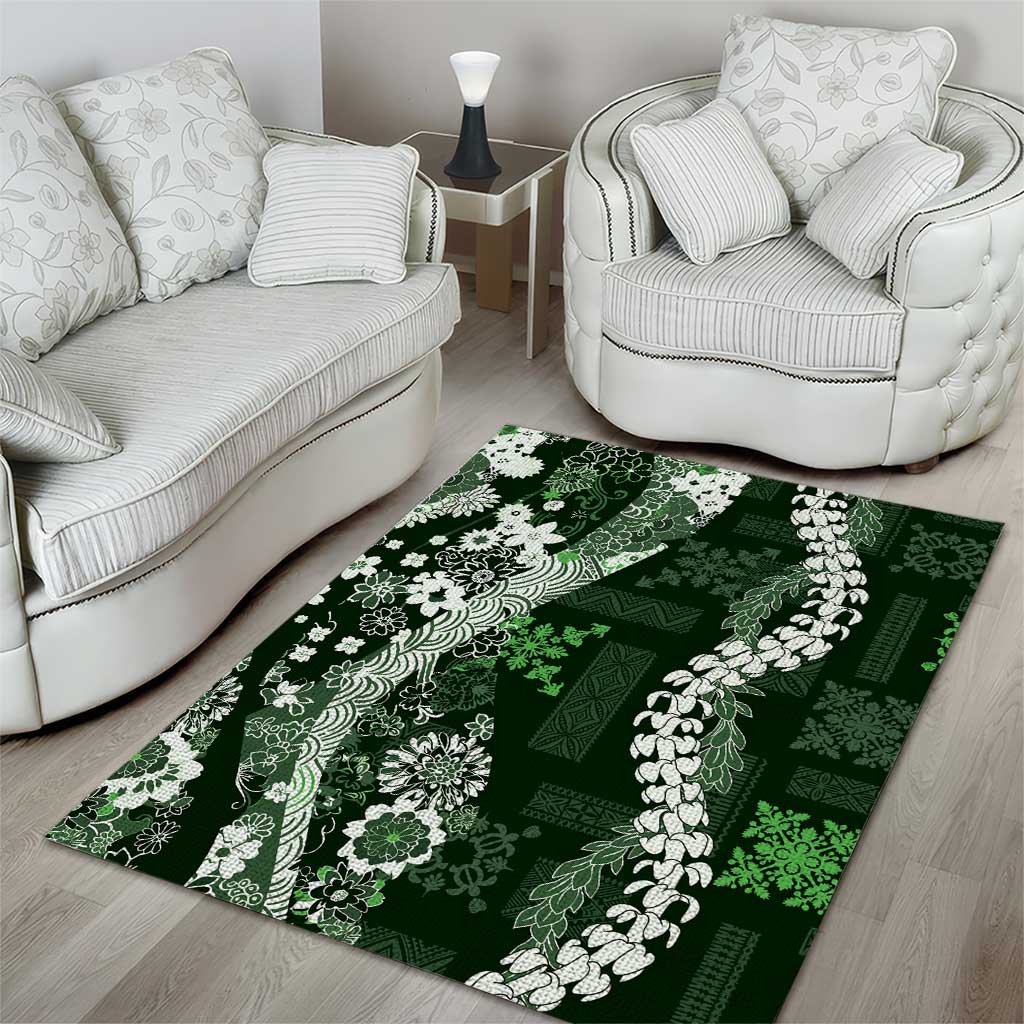 Hawaii Puakenikeni and Maile Lei Area Rug Green Japanese Wave Style - Polynesian Pride