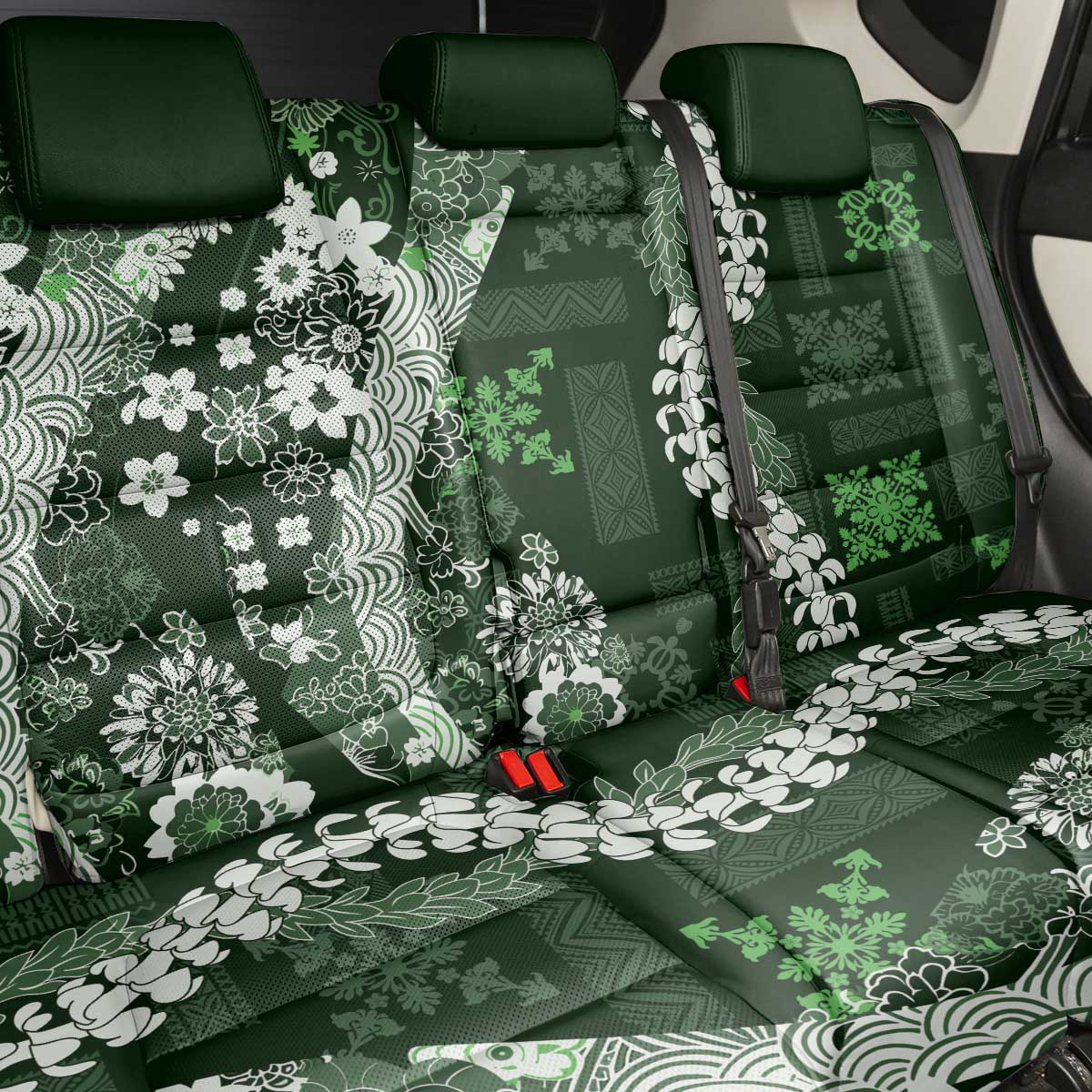 Hawaii Puakenikeni and Maile Lei Back Car Seat Cover Green Japanese Wave Style - Polynesian Pride
