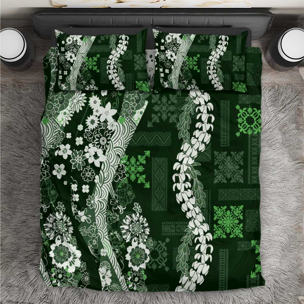 Hawaii Puakenikeni and Maile Lei Bedding Set Green Japanese Wave Style - Polynesian Pride