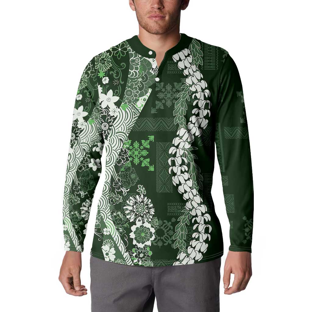 Hawaii Puakenikeni and Maile Lei Button Sweatshirt Green Japanese Wave Style - Polynesian Pride