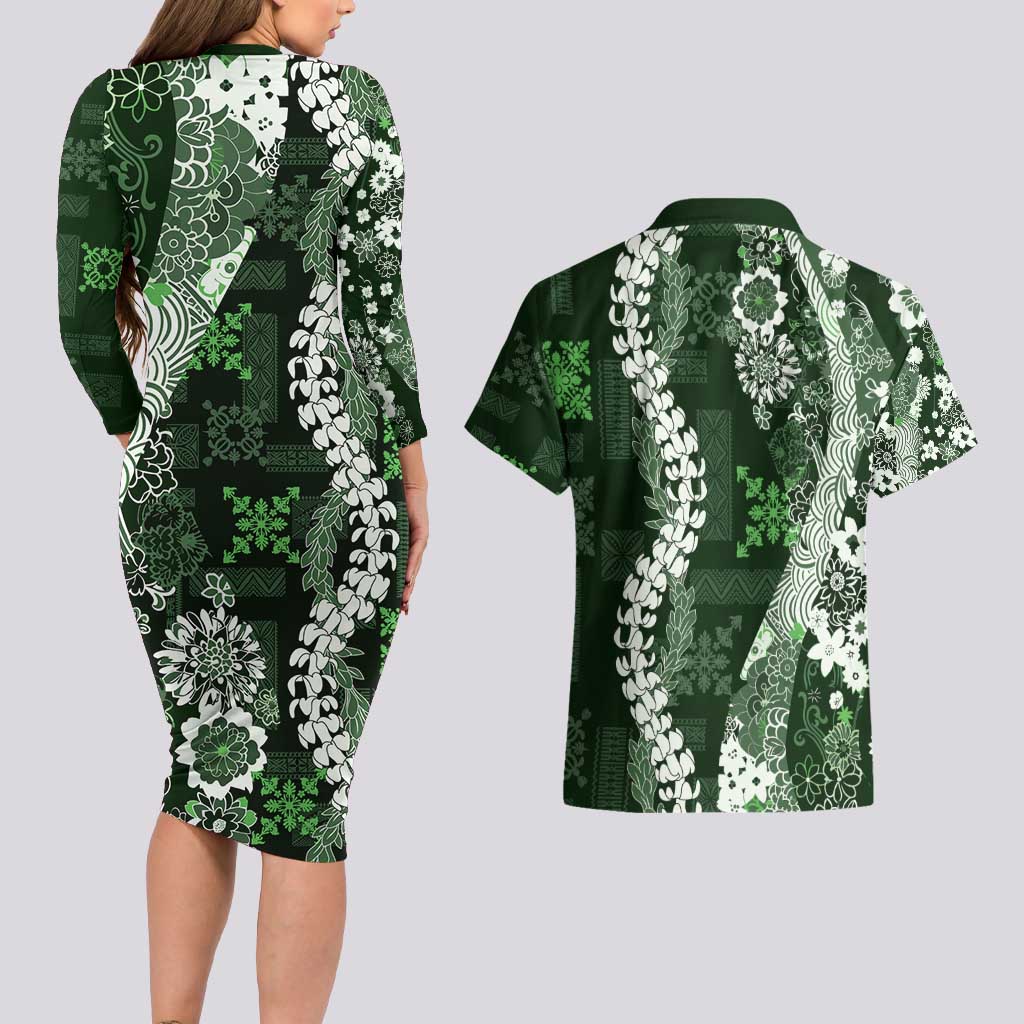 Hawaii Puakenikeni and Maile Lei Couples Matching Long Sleeve Bodycon Dress and Hawaiian Shirt Green Japanese Wave Style - Polynesian Pride