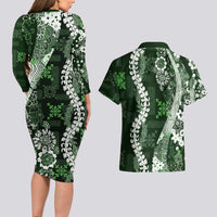 Hawaii Puakenikeni and Maile Lei Couples Matching Long Sleeve Bodycon Dress and Hawaiian Shirt Green Japanese Wave Style - Polynesian Pride