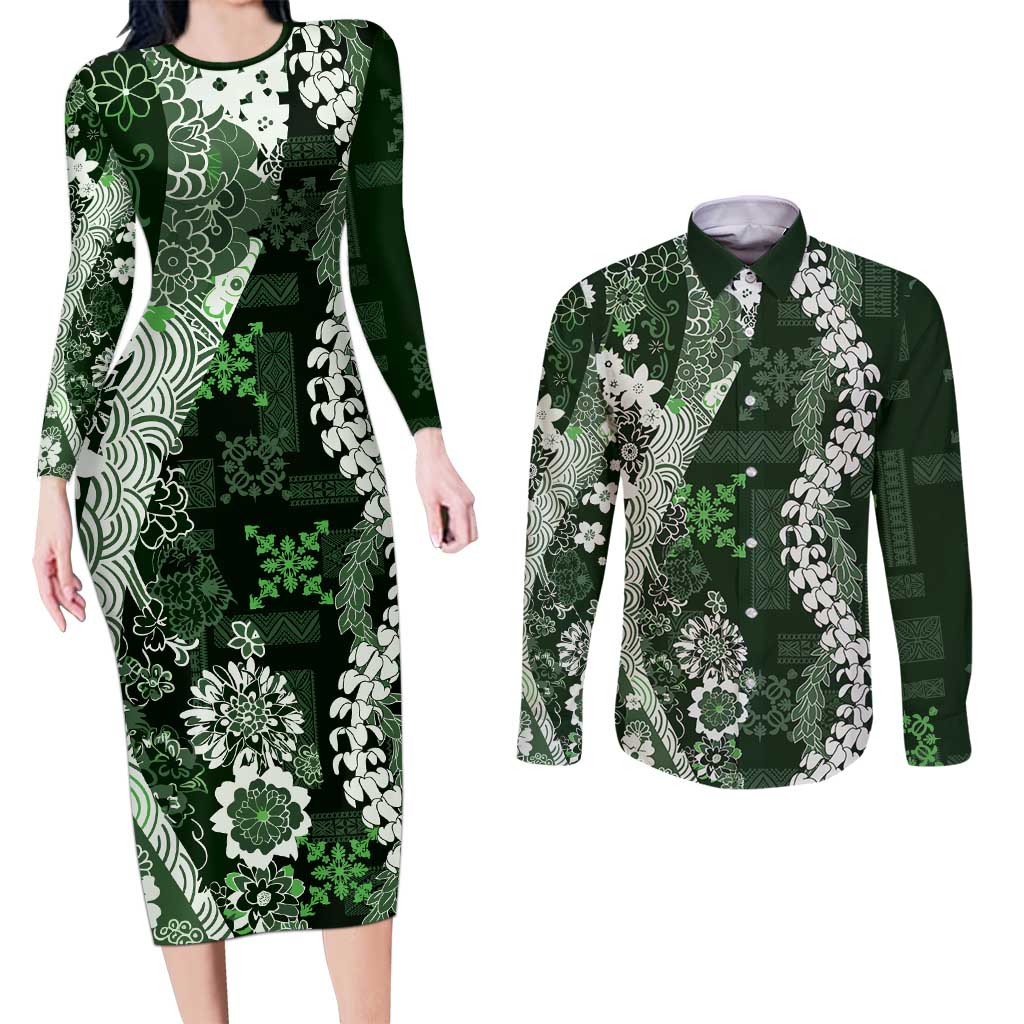 Hawaii Puakenikeni and Maile Lei Couples Matching Long Sleeve Bodycon Dress and Long Sleeve Button Shirt Green Japanese Wave Style - Polynesian Pride