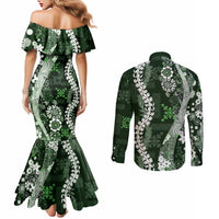 Hawaii Puakenikeni and Maile Lei Couples Matching Mermaid Dress and Long Sleeve Button Shirt Green Japanese Wave Style - Polynesian Pride