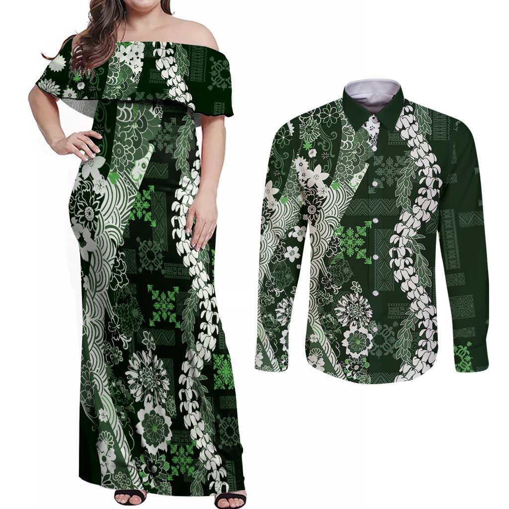 Hawaii Puakenikeni and Maile Lei Couples Matching Off Shoulder Maxi Dress and Long Sleeve Button Shirt Green Japanese Wave Style - Polynesian Pride