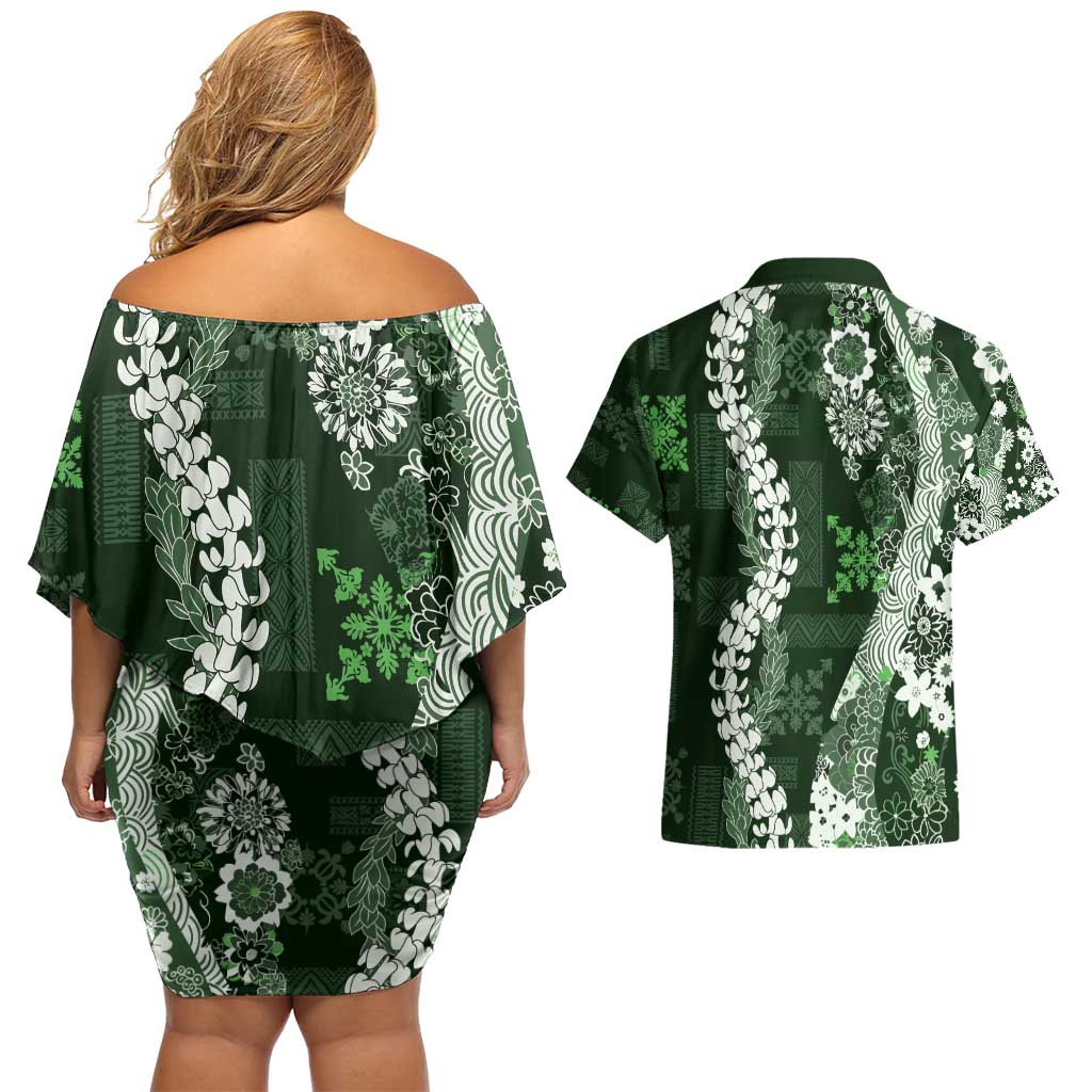 Hawaii Puakenikeni and Maile Lei Couples Matching Off Shoulder Short Dress and Hawaiian Shirt Green Japanese Wave Style - Polynesian Pride