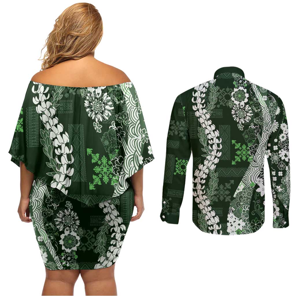 Hawaii Puakenikeni and Maile Lei Couples Matching Off Shoulder Short Dress and Long Sleeve Button Shirt Green Japanese Wave Style - Polynesian Pride