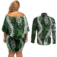 Hawaii Puakenikeni and Maile Lei Couples Matching Off Shoulder Short Dress and Long Sleeve Button Shirt Green Japanese Wave Style - Polynesian Pride