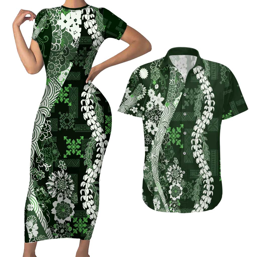 Hawaii Puakenikeni and Maile Lei Couples Matching Short Sleeve Bodycon Dress and Hawaiian Shirt Green Japanese Wave Style - Polynesian Pride