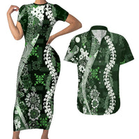 Hawaii Puakenikeni and Maile Lei Couples Matching Short Sleeve Bodycon Dress and Hawaiian Shirt Green Japanese Wave Style - Polynesian Pride