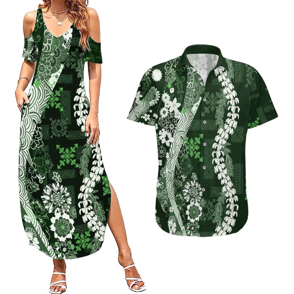 Hawaii Puakenikeni and Maile Lei Couples Matching Summer Maxi Dress and Hawaiian Shirt Green Japanese Wave Style - Polynesian Pride