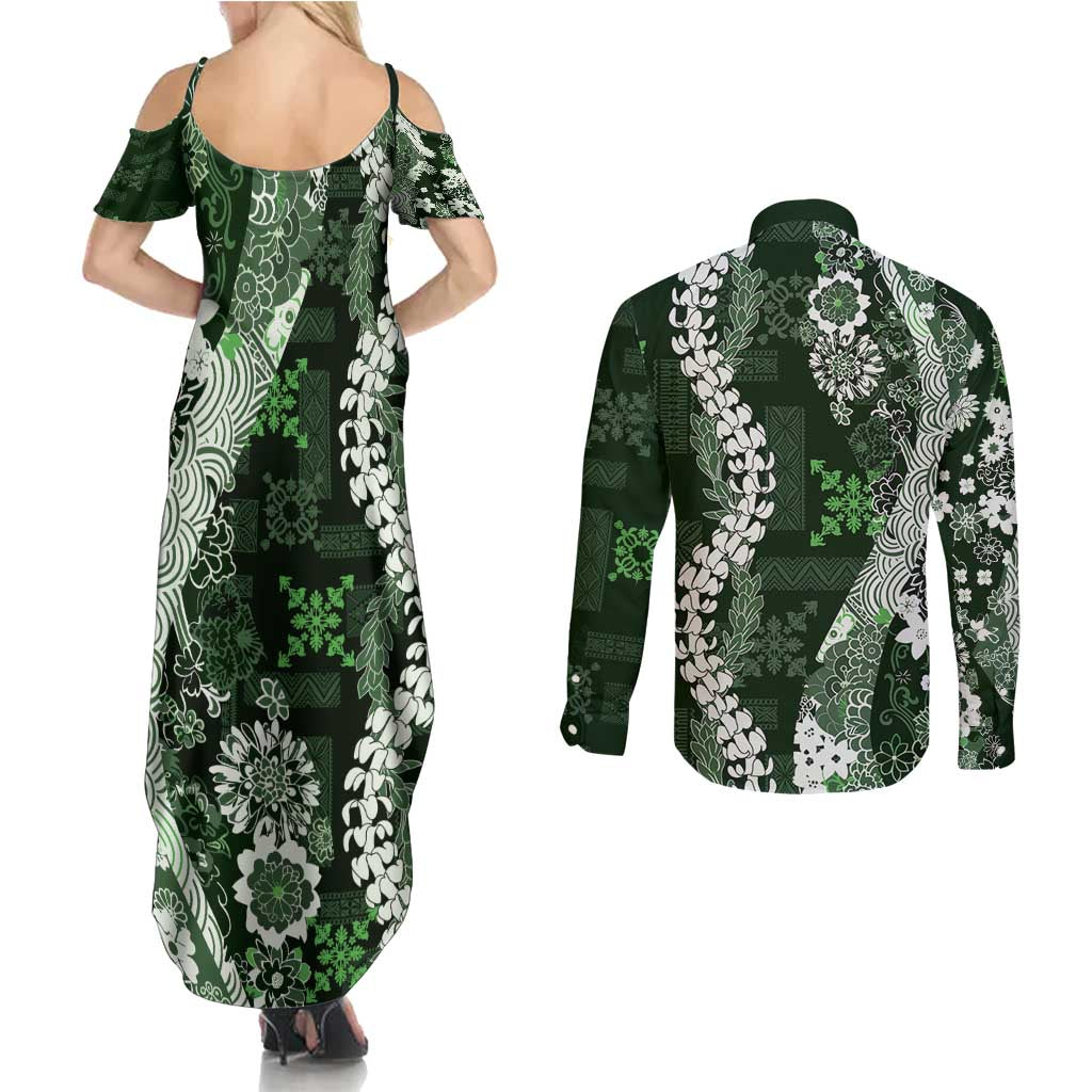 Hawaii Puakenikeni and Maile Lei Couples Matching Summer Maxi Dress and Long Sleeve Button Shirt Green Japanese Wave Style - Polynesian Pride