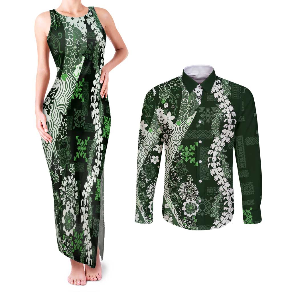 Hawaii Puakenikeni and Maile Lei Couples Matching Tank Maxi Dress and Long Sleeve Button Shirt Green Japanese Wave Style - Polynesian Pride