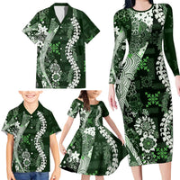 Hawaii Puakenikeni and Maile Lei Family Matching Long Sleeve Bodycon Dress and Hawaiian Shirt Green Japanese Wave Style - Polynesian Pride