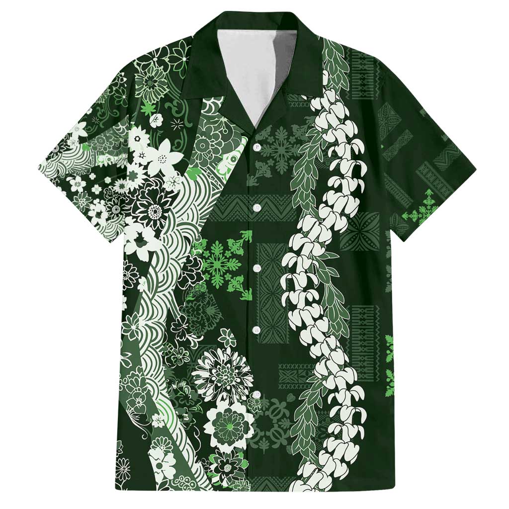 Hawaii Puakenikeni and Maile Lei Family Matching Long Sleeve Bodycon Dress and Hawaiian Shirt Green Japanese Wave Style - Polynesian Pride
