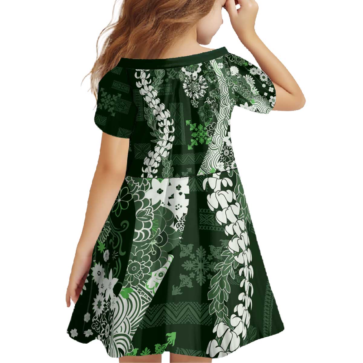 Hawaii Puakenikeni and Maile Lei Family Matching Off The Shoulder Long Sleeve Dress and Hawaiian Shirt Green Japanese Wave Style LT9 - Polynesian Pride