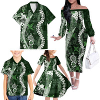 Hawaii Puakenikeni and Maile Lei Family Matching Off The Shoulder Long Sleeve Dress and Hawaiian Shirt Green Japanese Wave Style LT9 - Polynesian Pride