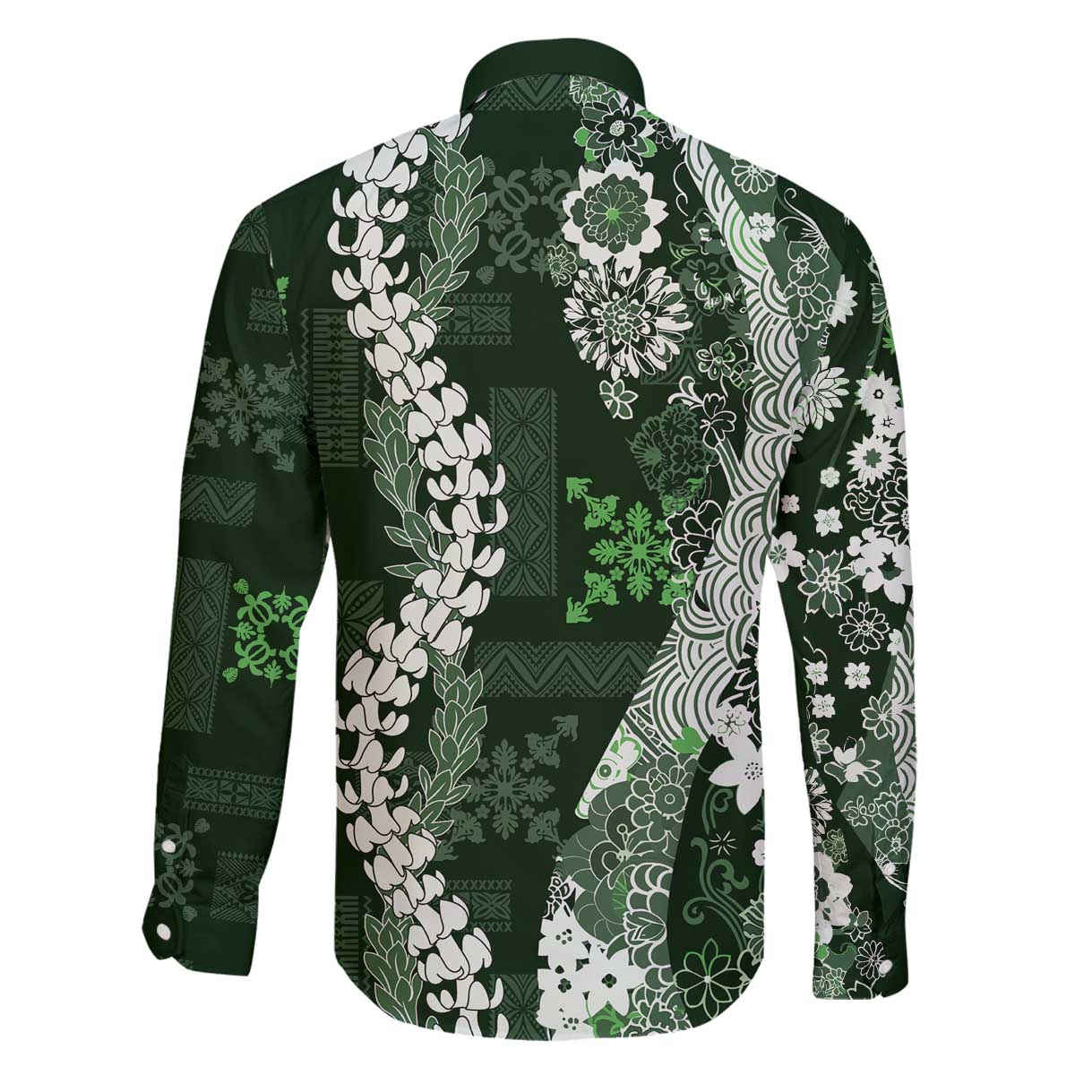Hawaii Puakenikeni and Maile Lei Family Matching Off The Shoulder Long Sleeve Dress and Hawaiian Shirt Green Japanese Wave Style LT9 - Polynesian Pride