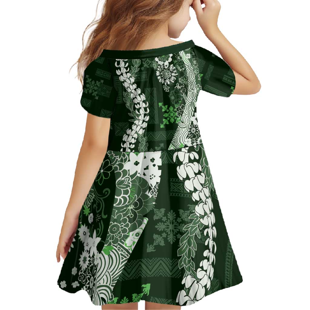 Hawaii Puakenikeni and Maile Lei Family Matching Off Shoulder Maxi Dress and Hawaiian Shirt Green Japanese Wave Style - Polynesian Pride