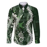 Hawaii Puakenikeni and Maile Lei Family Matching Off Shoulder Maxi Dress and Hawaiian Shirt Green Japanese Wave Style - Polynesian Pride