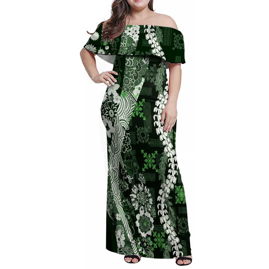 Hawaii Puakenikeni and Maile Lei Family Matching Off Shoulder Maxi Dress and Hawaiian Shirt Green Japanese Wave Style - Polynesian Pride