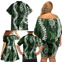 Hawaii Puakenikeni and Maile Lei Family Matching Off Shoulder Short Dress and Hawaiian Shirt Green Japanese Wave Style - Polynesian Pride