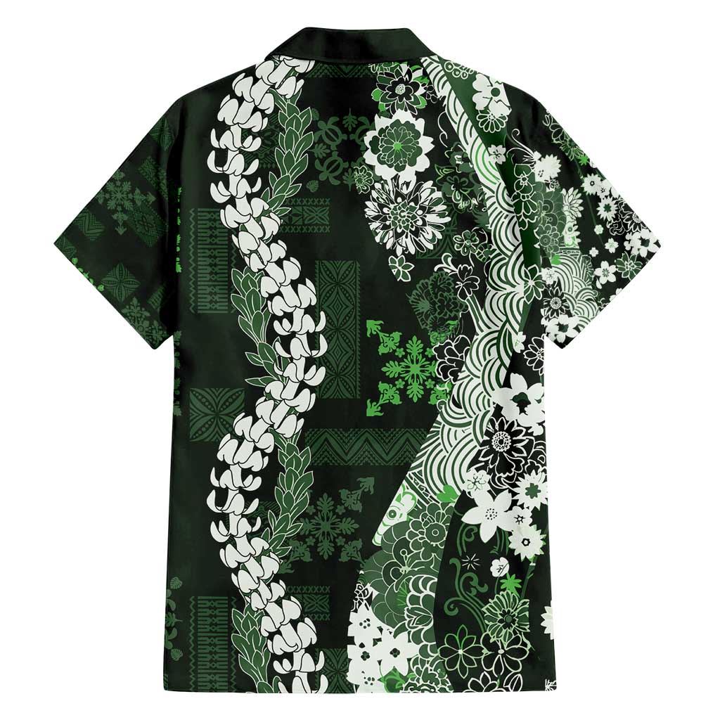 Hawaii Puakenikeni and Maile Lei Family Matching Off Shoulder Short Dress and Hawaiian Shirt Green Japanese Wave Style - Polynesian Pride