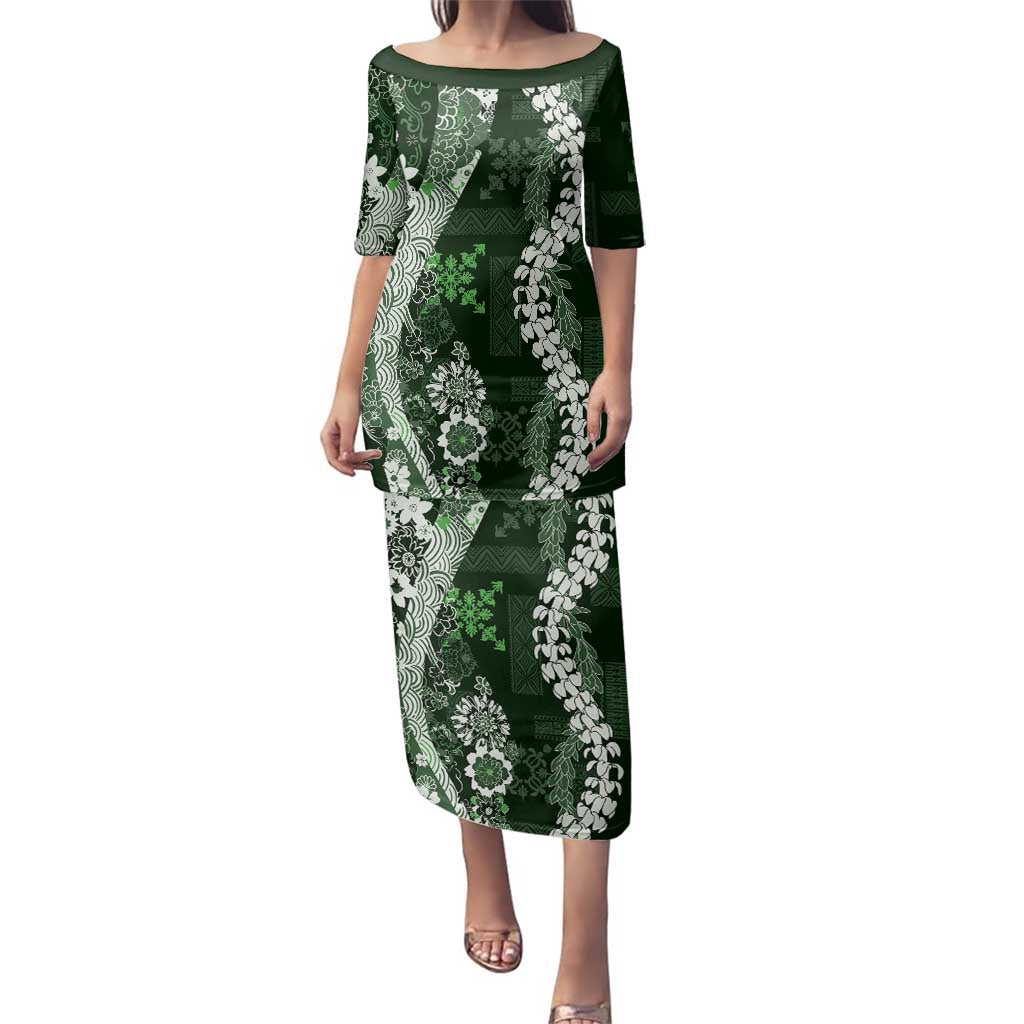Hawaii Puakenikeni and Maile Lei Family Matching Puletasi and Hawaiian Shirt Green Japanese Wave Style LT9 Mom's Dress Green - Polynesian Pride