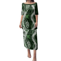 Hawaii Puakenikeni and Maile Lei Family Matching Puletasi and Hawaiian Shirt Green Japanese Wave Style LT9 Mom's Dress Green - Polynesian Pride