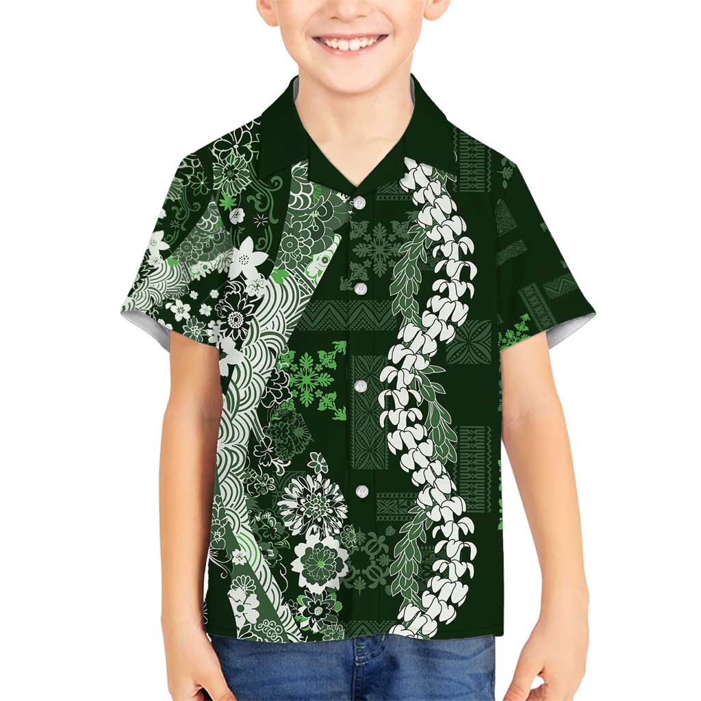 Hawaii Puakenikeni and Maile Lei Family Matching Puletasi and Hawaiian Shirt Green Japanese Wave Style LT9 Son's Shirt Green - Polynesian Pride