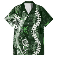Hawaii Puakenikeni and Maile Lei Family Matching Short Sleeve Bodycon Dress and Hawaiian Shirt Green Japanese Wave Style - Polynesian Pride