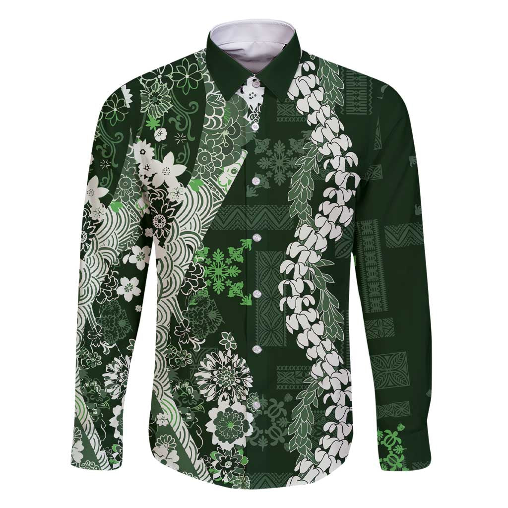 Hawaii Puakenikeni and Maile Lei Family Matching Short Sleeve Bodycon Dress and Hawaiian Shirt Green Japanese Wave Style - Polynesian Pride