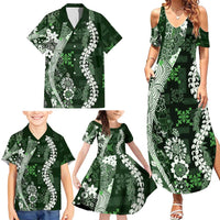 Hawaii Puakenikeni and Maile Lei Family Matching Summer Maxi Dress and Hawaiian Shirt Green Japanese Wave Style - Polynesian Pride