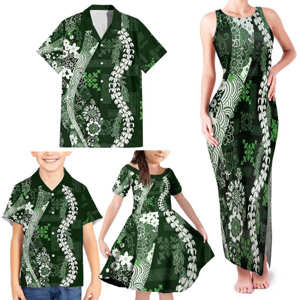 Hawaii Puakenikeni and Maile Lei Family Matching Tank Maxi Dress and Hawaiian Shirt Green Japanese Wave Style - Polynesian Pride