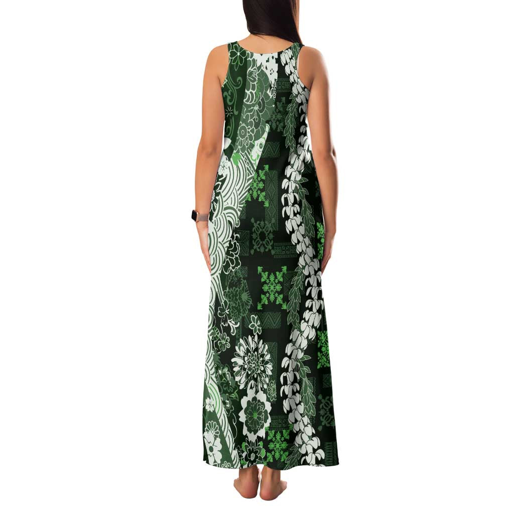 Hawaii Puakenikeni and Maile Lei Family Matching Tank Maxi Dress and Hawaiian Shirt Green Japanese Wave Style - Polynesian Pride
