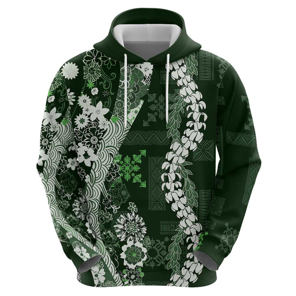 Hawaii Puakenikeni and Maile Lei Hoodie Green Japanese Wave Style - Polynesian Pride