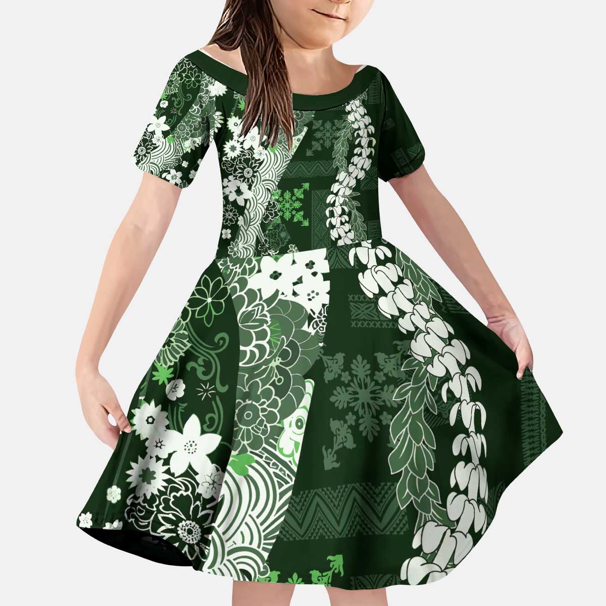 Hawaii Puakenikeni and Maile Lei Kid Short Sleeve Dress Green Japanese Wave Style - Polynesian Pride