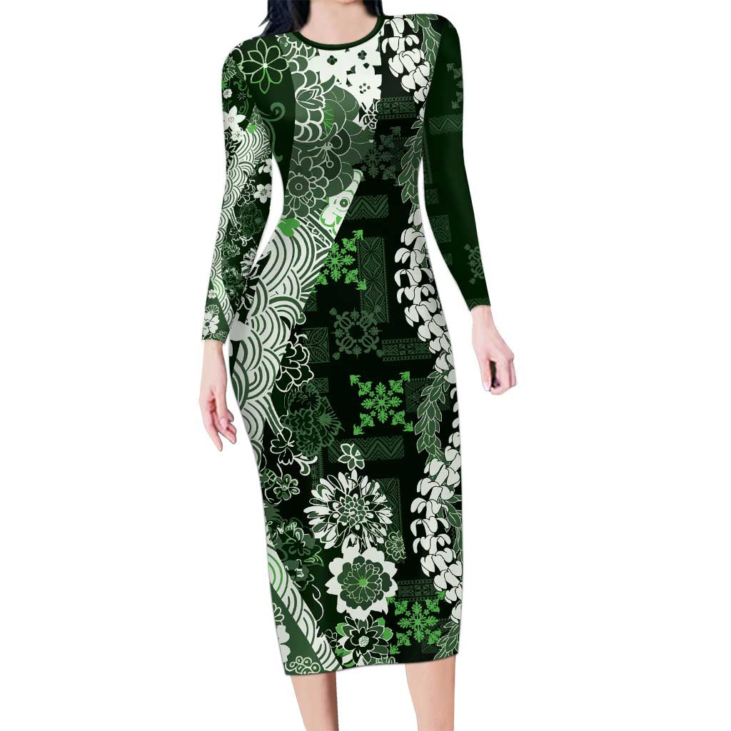 Hawaii Puakenikeni and Maile Lei Long Sleeve Bodycon Dress Green Japanese Wave Style - Polynesian Pride