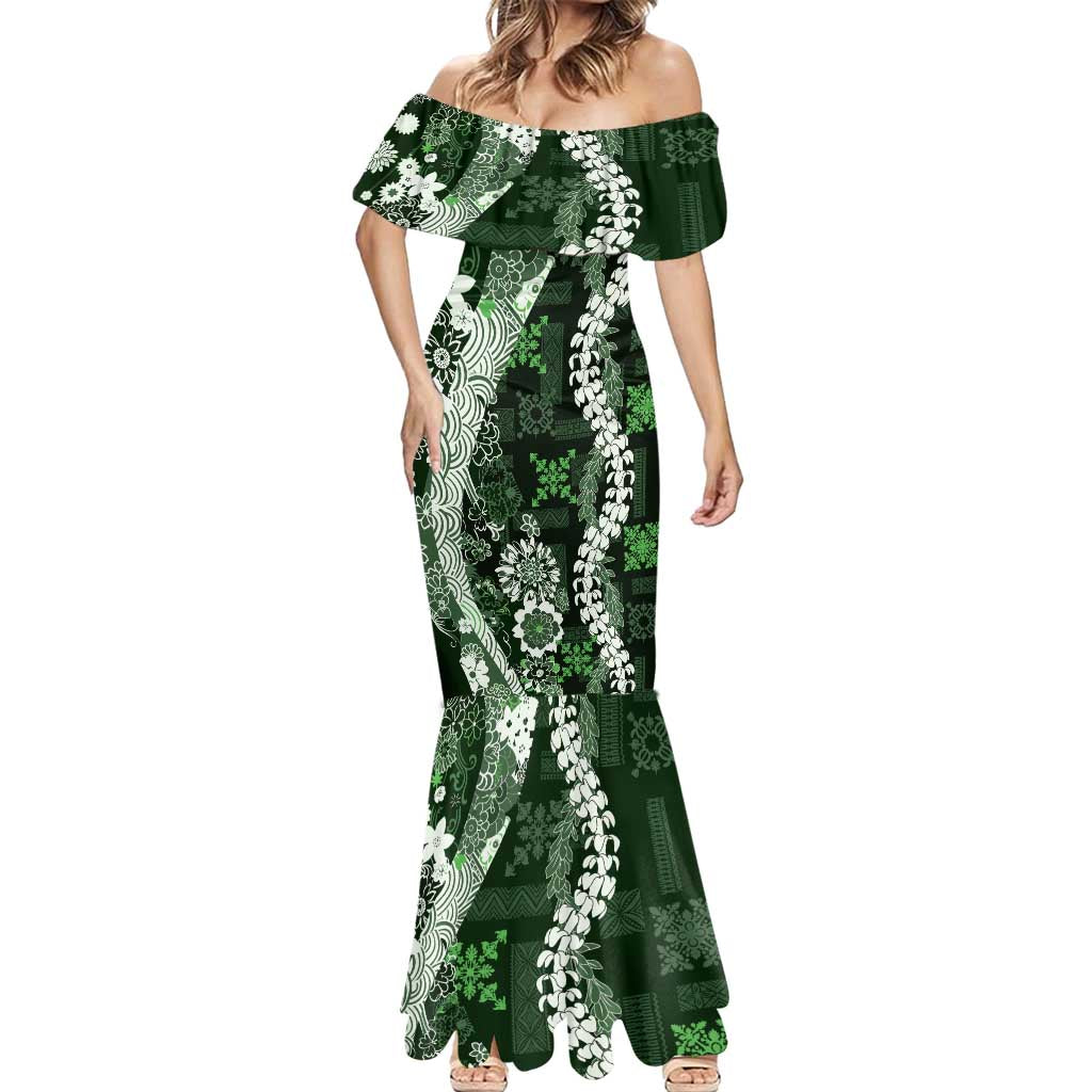 Hawaii Puakenikeni and Maile Lei Mermaid Dress Green Japanese Wave Style - Polynesian Pride