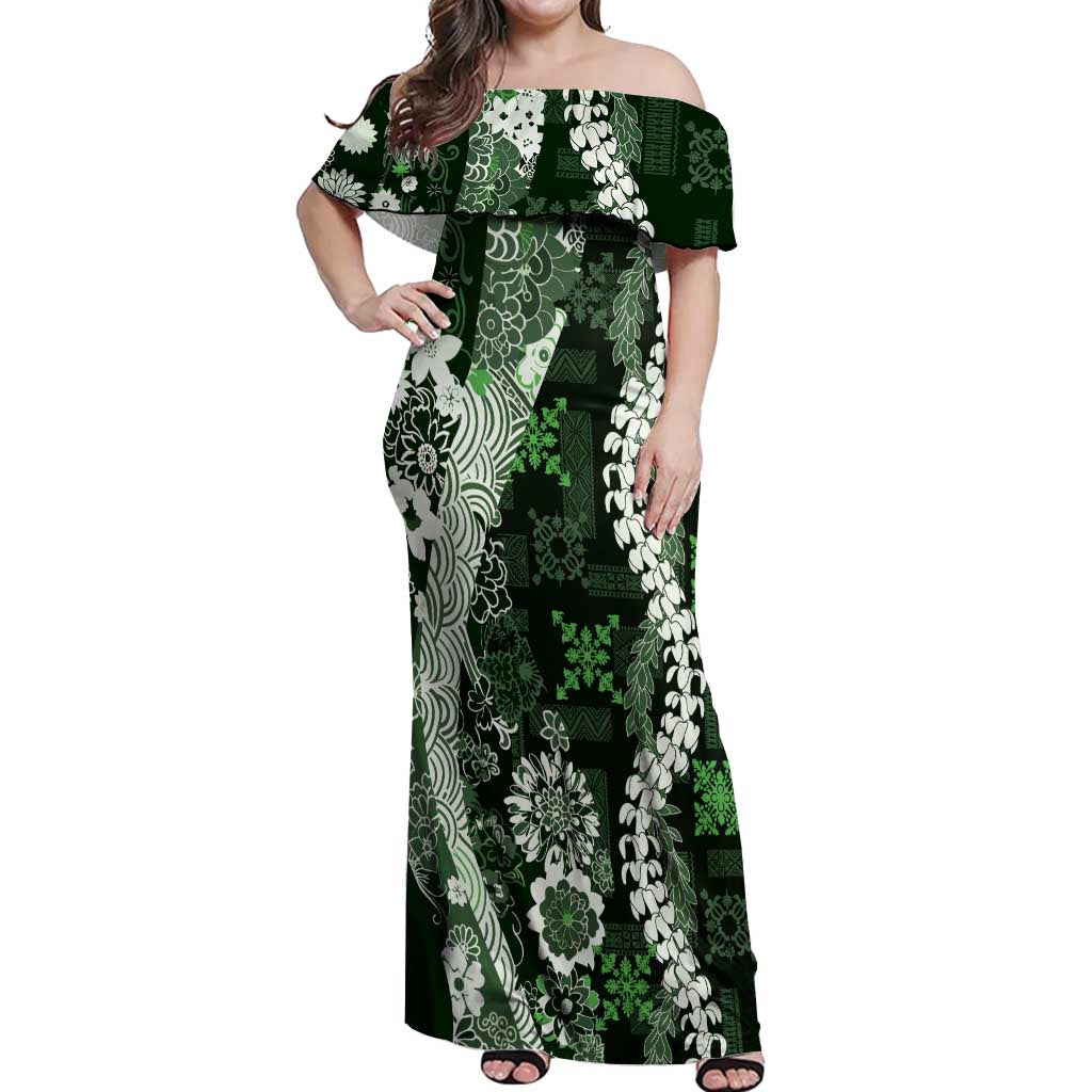 Hawaii Puakenikeni and Maile Lei Off Shoulder Maxi Dress Green Japanese Wave Style - Polynesian Pride