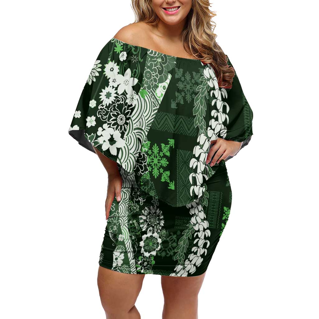 Hawaii Puakenikeni and Maile Lei Off Shoulder Short Dress Green Japanese Wave Style - Polynesian Pride