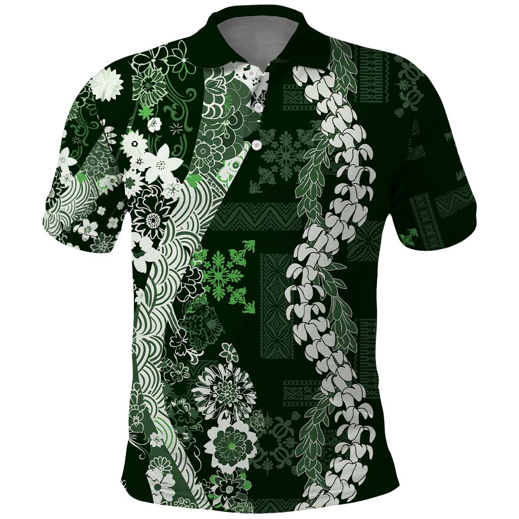 Hawaii Puakenikeni and Maile Lei Polo Shirt Green Japanese Wave Style - Polynesian Pride